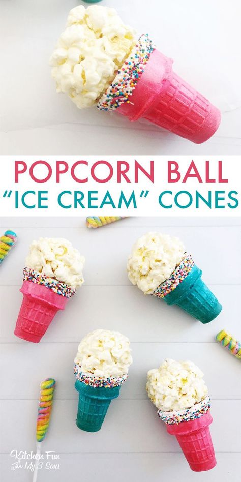 Kids Party Snacks, Birthday Snacks, Popcorn Balls, Popcorn Snacks, Kid Desserts, Ice Cream Birthday Party, Fun Snacks For Kids, Kids Treat, Edible Crafts