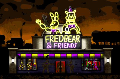 Fredbear and Friends Restaurant Outside View Fredbears Family Dinner Fnaf, Fredbears Family Dinner, Fnaf Bloxburg, Fnaf Backgrounds, Restaurant Outside, Fred Bear, Fnaf Blueycapsules, Bear Gif, Spring Bonnie