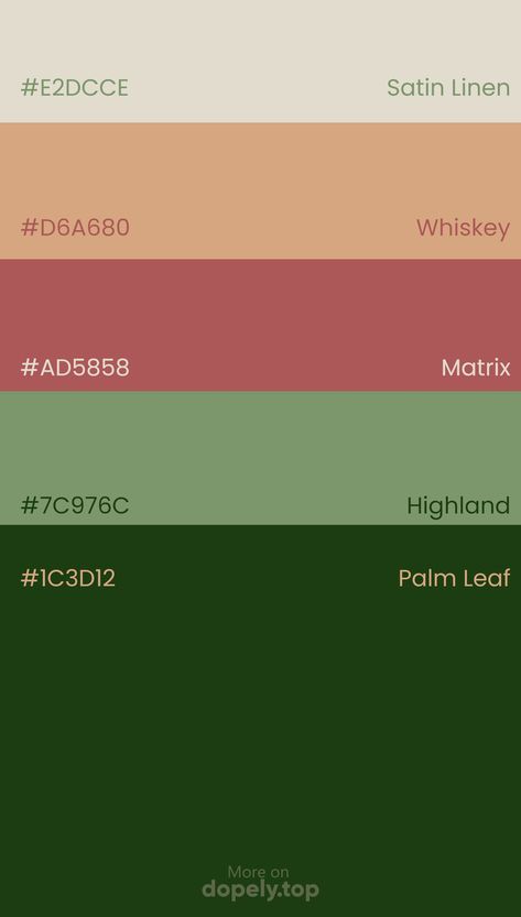 Color Palette inspiration with these Hex codes: #E2DCCE #D6A680 #AD5858 #7C976C #1C3D12 #dopely #colorpalette #graphicdesign Colour Pallete With Hex Code, Squarespace Color Palette Codes, Color Scheme With Hex Code, Pretty Hex Codes, Google Hex Codes, Gta 5 Crew Color Hex Codes, Aesthetic Color Palettes With Hex Code, 7 Color Palette With Hex Codes, Color Pallets Hex Codes