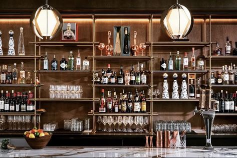 Restaurant Shelves, Floating Bar Shelves, Back Bar Shelving, Restaurant Shelving, System Furniture, Loft Wall, Bronze Kitchen, Bar Shelves, Bar Shelf