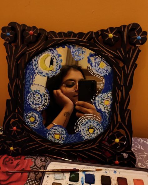 Starry night by Vincent Van Gogh painted on Mirror using acrylics Van Gogh Mirror Painting, Mirror Painting Ideas Rectangle, Painted On Mirror, Painting Mirror, Starry Night Painting, Mirror Paint, Mosaic Mirror, Mirror Mosaic, Mirror Painting