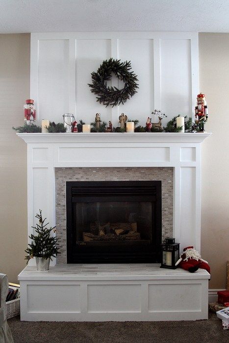 Fireplace Mantle Redo in time for Christmas - Diary of a Quilter - a quilt blog Windows Over Fireplace, Wood Burning Fireplace With Hearth, Mantel Update, Fireplace Flooring, Tiled Fireplaces, Fireplace Hearth Decor, Hearth Decor, Modern Farmhouse Fireplace, Design Camino