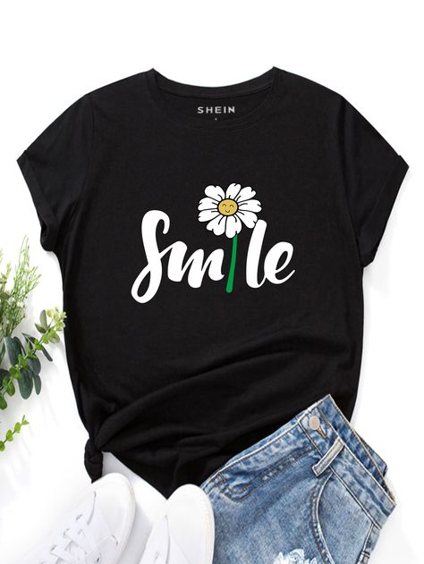 Black Casual Collar Short Sleeve Polyester Floral,Letter  Embellished Medium Stretch Summer Women Tops, Blouses & Tee Black T Shirt Painting Ideas, Tshirt Printing Business, Bridesmaid Diy, T Shirt Painting, Kids Frocks, Shirt Print Design, Women T Shirts, T Shirt For Women, Cute Tshirts