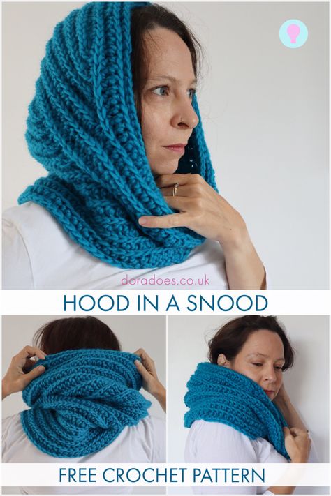 A collage of 3 images of a crochet snood shown worn as a hood, seen from behind being pulled over the head and worn as a crochet cowl. Text overlay reads ‘snood in a hood, free crochet pattern.’ Crochet Snood Pattern, Scoodie Crochet, Crochet Hooded Scarf Pattern, Simple Crochet Stitches, Crochet Fashion Trends, Crochet Hooded Cowl, Useful Crochet, Snood Pattern, Crochet Snood