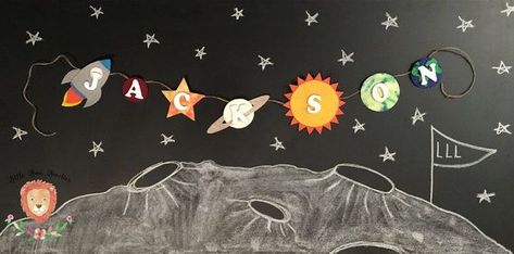 Personalized Outer Space Name Banner, Outer Space Birthday Party, Outer Space Party, Outer Space Baby Shower, Outer Space Room Nursery Decor Space Art For Kids, Big Chalkboard, Outer Space Baby Shower, Moon View, Planet Birthday, Planet Party, Rocket Party, Outer Space Art, Toy Shelf