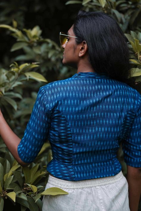 Blouses: Buy Designer Kaithari Blouse, Patchwork Blouse Online – Page 2 – The Kaithari Project Blouse For Cotton Saree, Ikat Blouse Designs, Blouse Peplum, Ikat Blouse, Long Blouse Designs, Cotton Blouse Design, Cotton Saree Blouse, Fashion Blouses, Cutwork Blouse Designs