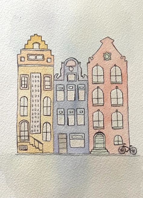 Dutch House Drawing, Amsterdam Houses Drawing, Houses Drawing Simple, Amsterdam Drawing Easy, Amsterdam Doodle, City Doodle Art, Netherlands Drawing, House Drawing Tutorial, Watercolor Amsterdam