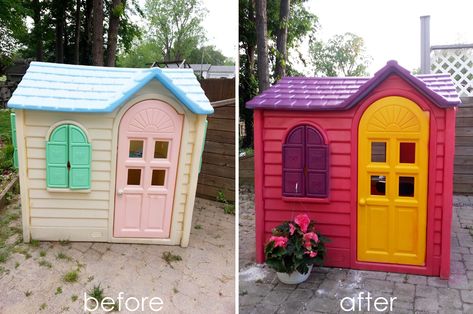 I found an old faded Little Tykes cottage on Craigslist and upcycled it with Krylon fusion spray paint. It was pretty easy to do and my daughter L O V E S it! Upcycled Playhouse, Little Tikes Makeover, Toy Makeover, Plastic Playhouse, Playhouse Makeover, Spray Paint Plastic, Krylon Spray Paint, Best Chicken Coop, Little Tikes