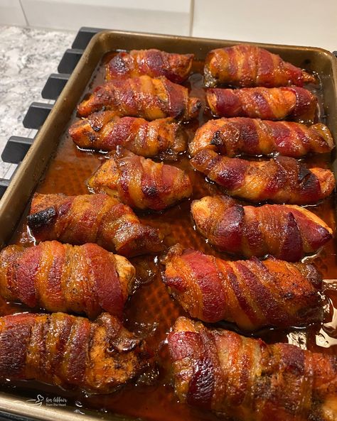 This easy Sweet & Spicy Bacon Chicken recipe will have your family begging for more -- slightly spicy, sweet chicken wrapped in bacon and baked or grilled up in about 30 minutes. Bacon Wrapped Chicken On The Grill, Sweet And Spicy Bacon Wrapped Chicken, Grilled Chicken Wrapped In Bacon, Chicken Wrapped In Bacon Appetizers, Keto Bacon Wrapped Chicken Tenders, Bacon Wrapped Chicken Wings, Bacon Wrapped Turkey Tenderloin, Bacon Wrapped Chicken Tenderloins, Chicken Wrapped In Bacon Recipe