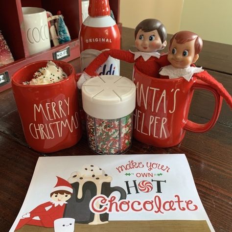 Elf Hot Chocolate Bar, Second Night Elf On The Shelf, Elf Hot Chocolate On The Shelf, Hot Cocoa Elf On The Shelf, Elf On The Shelf Hot Chocolate Ideas, Elf On The Shelf Hot Chocolate, Elf Hot Chocolate, Make Your Own Hot Chocolate, Hot Chocolate Bar Printable