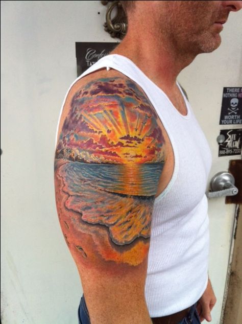 Beach Scene Tattoo, Thunderstorm Tattoo, John Tattoo, Tropical Tattoos, James Tattoo, Beach Inspired Tattoos, Sunrise Tattoo, Beachy Tattoos, Beach Tattoos