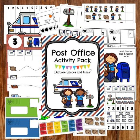 Children love to learn about the helpers in their community. The 12 activities in this pack focus on The Post Office, Mail Carriers and Mail. These easy to assemble activities can be placed in your learning centers, turned into file folder games, or turne Post Office Preschool, Activities For Two Year Olds, Post Office Activities, Daycare Spaces, Office Activities, Pre Writing Practice, Dramatic Play Themes, Starting A Daycare, Community Helpers Theme