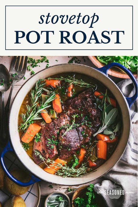 Tender and juicy, this stovetop pot roast and gravy transforms an affordable cut of meat into a delicious comfort food dinner. The beef slowly simmers in a Dutch oven with vegetables, herbs, and red wine for an easy, flavorful, and cozy meal! Stovetop Pot Roast, Pot Roast And Gravy, Roast In Dutch Oven, Roast And Gravy, Dutch Oven Pot Roast, Easy Comfort Food Dinners, Chuck Roast Recipes, Skillet Pasta, Cooking A Roast