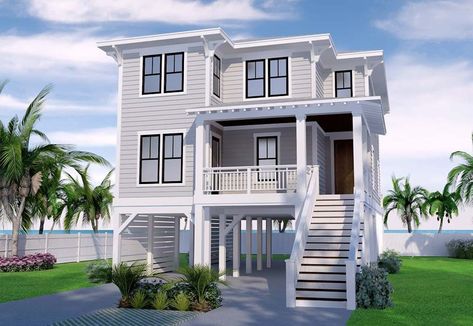 Narrow Beach House Plans Coastal Homes, Small Elevated Beach House Plans, River Front Homes, House Plans With Elevators, Elevated Coastal House Plans, Narrow Lot Beach House Plans, Elevated House Design, Elevated House Plans, Stilt House