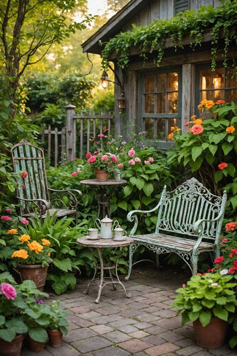 20 Creative Garden Decor Ideas - Toolz Geek Antique Potting Bench, Front Yard Table And Chairs, Vintage Garden Furniture, Front Yard Bistro Area, Fun Landscaping Ideas, Garden With Bench, Front Yard Courtyard, Garden Pots Ideas, Yard Aesthetic