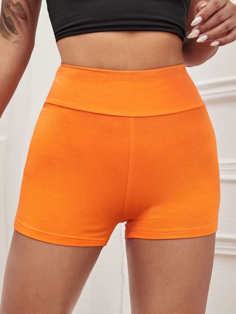 Wide Waistband Solid Biker Shorts | SHEIN USA Orange Biker Shorts, Hero Outfit, Biker Baby, Black Biker Shorts, Orange Leggings, Anti Hero, Black Bike, Dance Shorts, Women Leggings