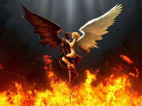 Imaginons que Lucifer et Dieu tombent amoureux. Ne serait-ce pas atypique? Ne serait-ce pas la meilleure chose qui puisse arriver sur Terre? Mais bien sûr que si... Comme ça leurs enfants seront mi-ange mi-démon et la société se rendra compte qu'en une... Incubus Demon, Fire Demon, Male Angel, Angel Wallpaper, Ange Demon, Incubus, Heaven And Hell, Dragon Wings, Angel And Devil