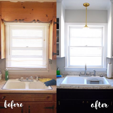 Remove that old and outdated sink valence!!! It opens up the space, lets more light in, and makes your cabinets feel taller. Light Above Sink, Wood Valance With Shelf, Above The Sink Lighting, Remove Wood Valance Over Kitchen Sink, Remove Scalloped Wood Valance Over Sink, Removing Kitchen Soffit Before And After, Cabinets Over Sink, Remove Kitchen Soffit, Kitchen Window Wood Valance Over Sink