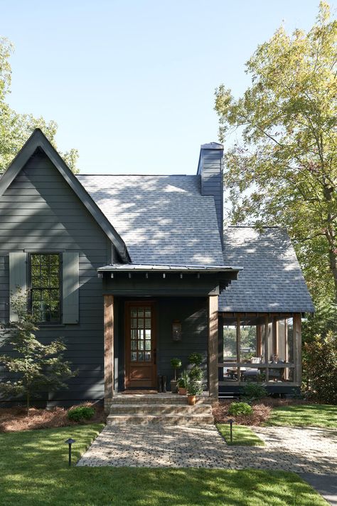 New Zealand Houses Exterior, Light Metal Roof Dark Siding, Grey Black And Brown House Exterior, Best Exterior Colors For Small Houses, Black Window House Exterior, Dark House Light Trim, Black Foundation House, Dark Gray Brick House, White Windows With Black Trim