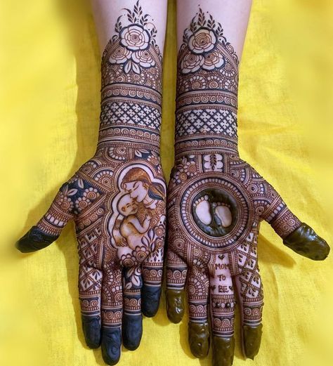 Dohale Jevan Mehendi Design, Godh Bharai Mehendi Designs, Godbharai Mehendi Designs, Seemantha Decoration, Mom To Be Mehendi Design, Easy Front Hand Mehndi Designs, Baby Shower Mehndi Designs Hand, Baby Mehandi, Baby Shower Mehendi Designs