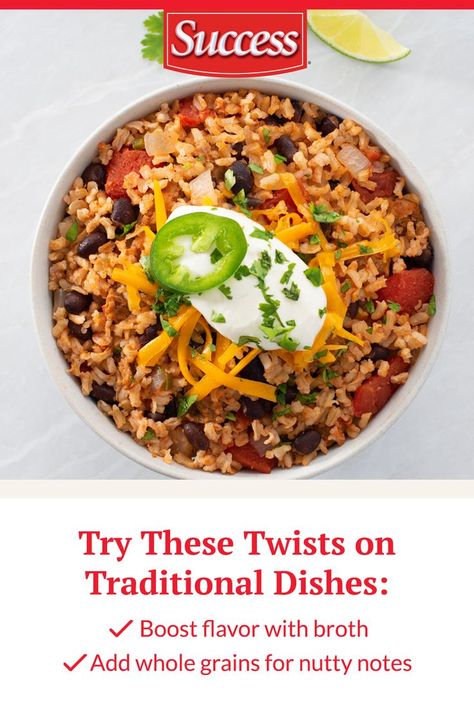 Flavor Tip for Mexican Rice and Beans Mexican Rice And Beans Recipe, Success Rice Recipes, Mexican Rice And Beans, Mexican Beans Recipe, Mexican Fajitas, Chicken Enchilada Bake, Green Chile Chicken Enchiladas, Rice And Beans Recipe, Whole Grain Rice