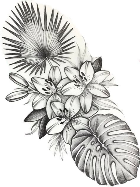 Thigh Tattoos Floral, Tropisches Tattoo, Tropical Flower Tattoos, Tato Maori, Hawaiian Flower Tattoos, Tattoos Floral, Jungle Tattoo, Tiny Bird Tattoos, Tropical Tattoo