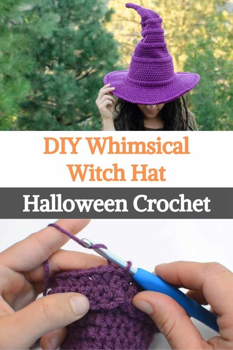 DIY Whimsical Witch Hat - Halloween Crochet Crocheted Witches Hat Pattern, Halloween Crochet Witch Hat, Crochet Witch Accessories, Halloween Hat Crochet Patterns Free, Witch Hat Free Crochet Pattern, Crochet Whimsical Witch Hat, Witch Hat Pattern Crochet, Wizard Hat Crochet Pattern Free, Crochet Witch Costume