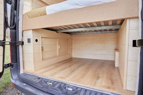 Project Yonder's 2016 LWB Volkswagen Crafter Van Conversion: SOLD Crafter Conversion, Campervan Storage Ideas, Hidden Toilet, Big Van, Van Dwelling, Wooden Panelling, Tiny House Talk, Linen Blackout Curtains, Van Conversion Interior