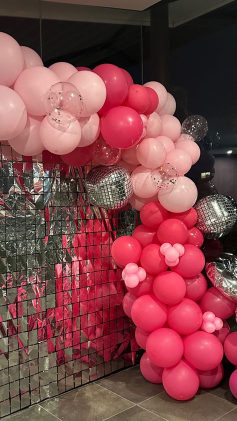 Pink Disco Ball Party Decor, Pink Birthday Party Decorations Sweet 16, Disco Party Sweet 16, Disco Party Birthday Ideas, Pink Disco 21st Birthday, Barbie Birthday Party For Adults, Barbie Birthday Aesthetic, Pink Disco Party Theme, Barbie 18th Birthday Party