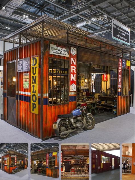 Garage Hacks, Casa Garage, Bar Deco, Asma Kat, Container Restaurant, Motorcycle Workshop, Container Cafe, Cool Garages, Container Buildings