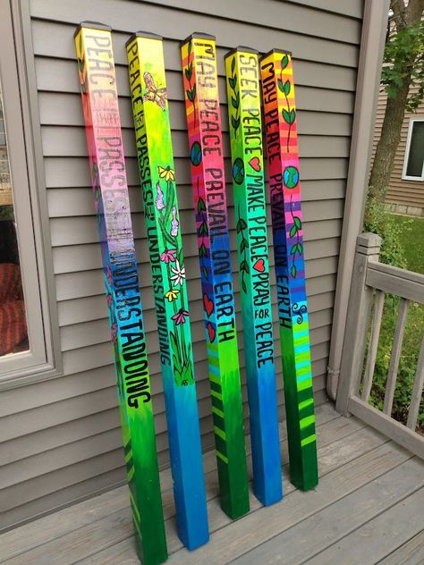 "This item is a hand painted Peace Pole by Annie Guldberg. A Peace Pole is a monument that displays the message \"May Peace Prevail on Earth.\" The message often is referred to as a peace prayer. The idea of Peace Poles was first thought up by Masahisa Goi in 1955 in Japan. The Peace Pole Project today is promoted by The World Peace Prayer Society as well as other groups and individuals. The first Peace Poles outside Japan were constructed in 1983. Since then, more than 200,000 have been placed Peace Pole Designs, Peace Poles Diy Ideas, Flag Pole Ideas, Peace Pole Diy, Painted Posts, Peace Crafts, Peace Poles, Woodworking Items That Sell, Peace Prayer