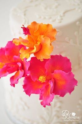 Tropical cake flowers - orange and pink hibiscus Hibiscus Cake, Super Torte, Professional Cakes, Frosted Cake, Flower Cakes, Gum Paste Flowers, Cake Flowers, Fondant Flowers, Just Cakes