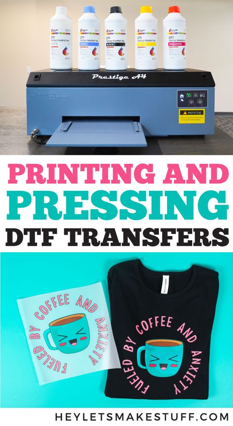 DTF (direct-to-film) is taking the printing world by storm! Here's how to print and press DTF transfers, which work on both light and dark fabrics, including cotton, polyester, and blends! How To Make Heat Transfers, How To Do Dtf Transfers, Screen Print Transfers Ready To Press, Dtf Print Designs Tshirt, Dtf Transfer Ready To Press, Dtf Hack, Dtf Print Designs, Dtf Shirts, Tshirt Printing Business