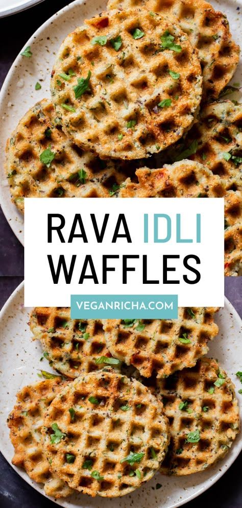 Rava idli waffles is a fun spin on a South Indian savory cake. It has a lovely, delicate texture and is seasoned with whole spices, ginger, chili, and cilantro. It’s an amazing savory breakfast served with chutney, Indian pickles, or sambar. Indian Waffle Recipe, Indian Brunch Ideas, South Indian Lunch Recipes, Arabic Desert, Instant Snacks, Savory Waffle Recipe, Indian Pickles, Savory Cake, Rava Idli