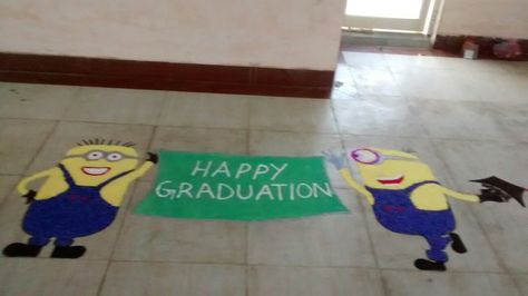 Minion Rangoli for Graduation/Farewell party.            We were a little short of the blue powder, so we dyed rice with neel (or indigo) and used that instead. Farewell Rangoli Designs, Welcome Rangoli, Dyed Rice, Freshers Party, Easy Mandala, Farewell Party, Easy Mandala Drawing, Book Cover Diy, Farewell Parties