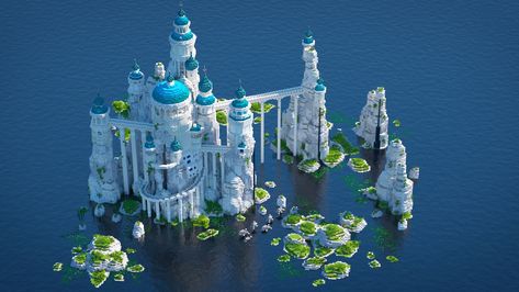 Minecraft Castle On Water, Minecraft Sea Kingdom, Water Kingdom Minecraft, Minecraft Floating Island Castle, Sea Castle Minecraft, Mermaid Castle Minecraft, Minecraft Aquatic Build, Ice Biome House Minecraft, Minecraft Water Castle