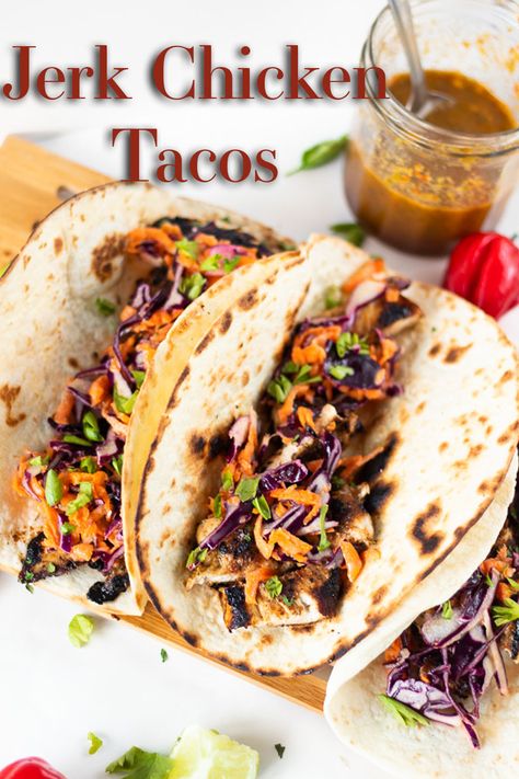 Jerk Chicken Tacos, Sweet Coleslaw, Jerk Recipe, Jamaican Jerk Chicken, Caribbean Jerk Chicken, Chicken Taco Recipes, Taco Bake, Taco Recipe, Chicken Taco