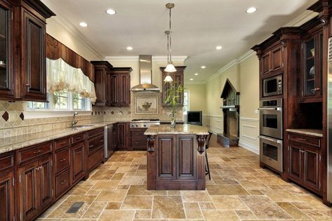 Kitchen Remodel With Tan Tile Floor, Kitchens With Tile Floors, Travertine Kitchen Floors, Home Tiles Design, Tan Tile, Stained Kitchen Cabinets, Brown Tile, Brown Granite, Walnut Kitchen