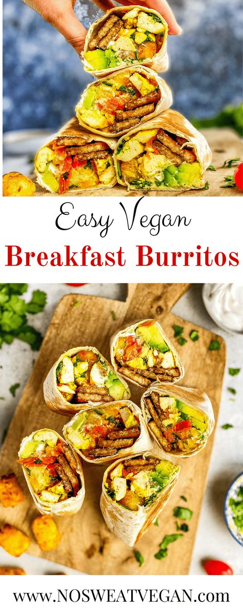 These Vegan Breakfast Burritos are filled to the brim with tempeh bacon, tofu scramble, tater tots, avocado, salsa, and vegan sour cream! Make up a big batch to freeze and reheat for a quick and delicious grab-and-go breakfast. Vegan Tempeh Breakfast, Vegan Bacon Bits, Vegan Breakfast Burrito, Vegan Burger Recipe, Vegan Appetizers Recipes, Tempeh Bacon, Vegan Breakfasts, Vegan Breakfast Easy, Healthy Vegan Breakfast