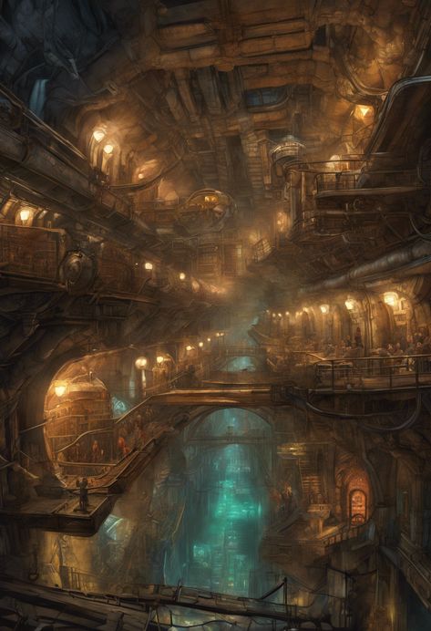 Subterranean Gearworks Check more at https://paintlyx.com/subterranean-gearworks/ Steampunk Setting Art, Sci Fi Underground City, Underground Steampunk City, Dnd Underground City, Underground City Aesthetic, Underground City Art, Sci Fi Arena, Underground City Fantasy Art, Underground City Concept Art