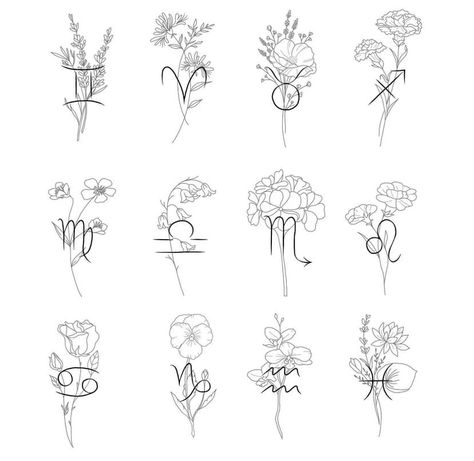 Zodiac Signs Flowers, Zodiac Floral, Sharpie Tattoos, Birth Flower Tattoos, Zodiac Tattoo, Anime Drawing, Tattoo Set, Zodiac Symbols, Symbolic Tattoos