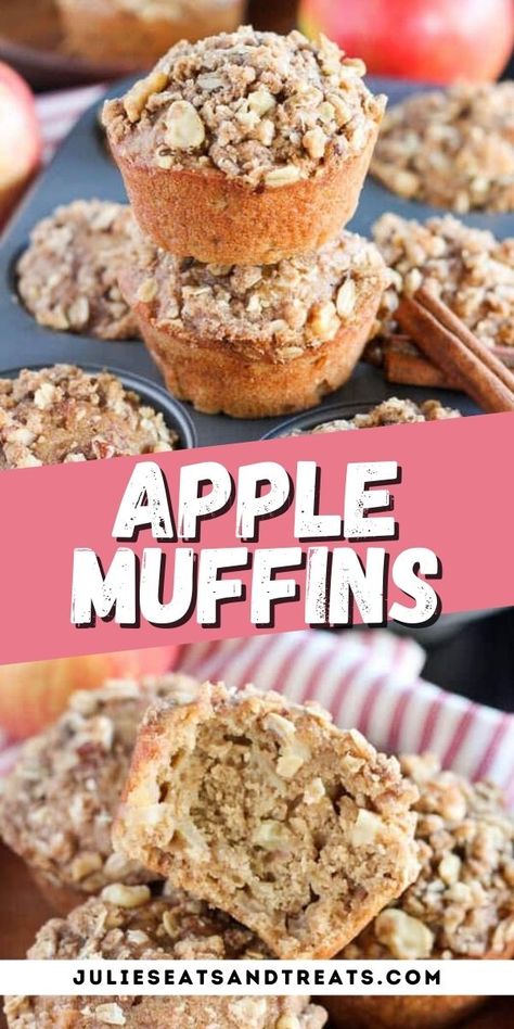 These easy Apple Muffins are the perfect recipe for a quick snack or breakfast. They are filled with apples, cinnamon and oatmeal then topped with a streusel! The perfect, easy grab and go breakfast! Plus, they freeze great so you can always have some on hand. #apple #muffins Easy Grab And Go Breakfast, Breakfast Crockpot, Apple Oatmeal Muffins, Apple Muffin Recipes, Bread Pudding With Apples, Apples Cinnamon, Apple Recipes Easy, Apple Oatmeal, Chewy Brownies