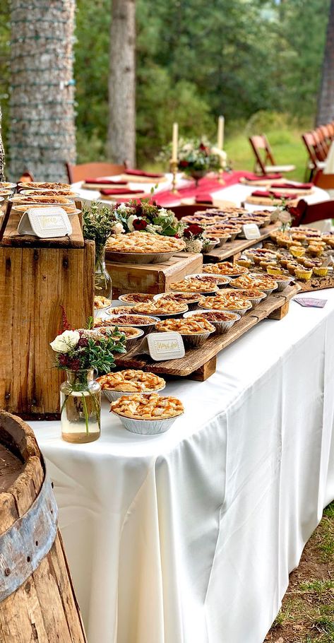 WEDDING PIES | Kendrascountrybakery Wedding Pie Dessert Table, Wedding Pies Display Receptions, Pie Buffet Wedding, Pie Table Wedding Display, Pie Dessert Table Wedding, Mini Pie Wedding Display, Pie Wedding Display, Mini Pie Display, Pie Table Wedding