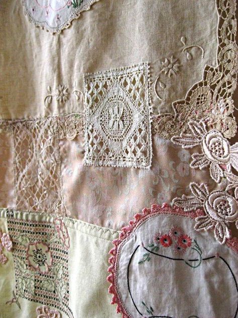 Lace patchwork - This idea would look nice on a memory quilt with old photos, alternating photos and lace, and leaving the blocks between them for quilting. It would make a great gift for mom and dad. Crazy Patchwork, Crazy Quilting, Linen Quilt, Memory Quilt, Vintage Handkerchiefs, Antique Linens, Lace Doilies, Vintage Embroidery, French Lace