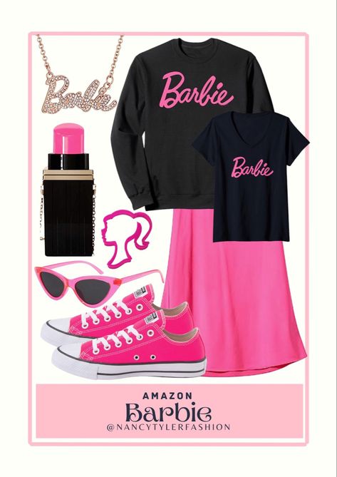 Pink Barbie Outfits, Barbie Necklace, Barbie Shirt, Barbie Sweatshirt, Long Satin Skirt, Barbie Top, Pink Midi Skirt, Barbie Logo, Converse Pink