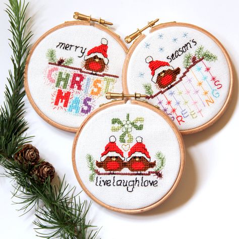 Love these Christmas Ornaments - set of 3 cute festive robin designs for xmas ornaments or cards - modern cross stitch patterns PDF - Instant download by BirdSaysTweet on Etsy Cross Stitch Christmas Cards, Bunting Design, Twitter Design, Cross Stitch Christmas, Cross Stitch Christmas Ornaments, Christmas Bird, Stitch Christmas, Modern Cross Stitch Patterns, Christmas Ornament Sets