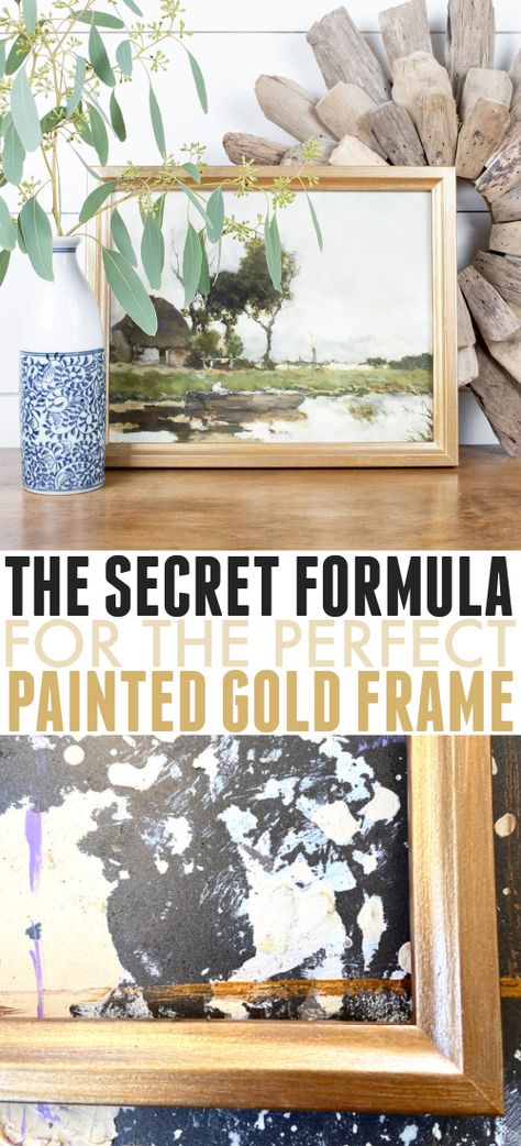 Secret Formula for the Perfect Painted Gold Frame | The Creek Line House Diy Gold Painting, How To Tone Down Gold Picture Frames, Diy Gold Frames Wall Art, Spray Paint Picture Frames, Gold Frame Diy, Diy Gold Frame, Gold Frame Decor, Best Gold Spray Paint, Spray Paint Frames