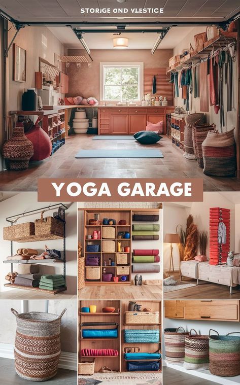 A vintage-style yoga garage with organized yoga gear and equipment. Studio Equipment Storage, Vintage Yoga, Garage Organization Tips, Garage Organisation, Gear Storage, Yoga Space, Equipment Storage, Yoga Gear, Studio Equipment