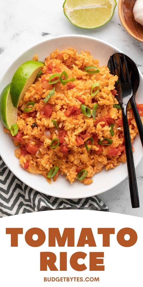 Tomato rice is an easy yet flavorful side dish that uses only a few simple ingredients, and it's sure to liven up any dinner plate! BudgetBytes.com Flavored Rice Recipes, Bulgur Recipes, Cheap Meal Plans, Grain Recipes, Tomato Rice, Budget Bytes, Flavored Rice, Rice Side Dishes, Quick Lunch