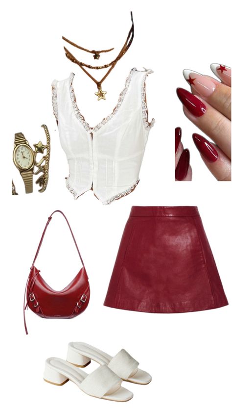 Red leather skirt, sandal heels, red purse, french tip red, frill white tank, gold jewlery stacked Red Leather Skirt Outfit, French Tip Red, Red And White Outfits, Red Leather Skirt, Leather Skirt Outfit, Heels Red, Gold Outfit, Red Purse, Red Purses